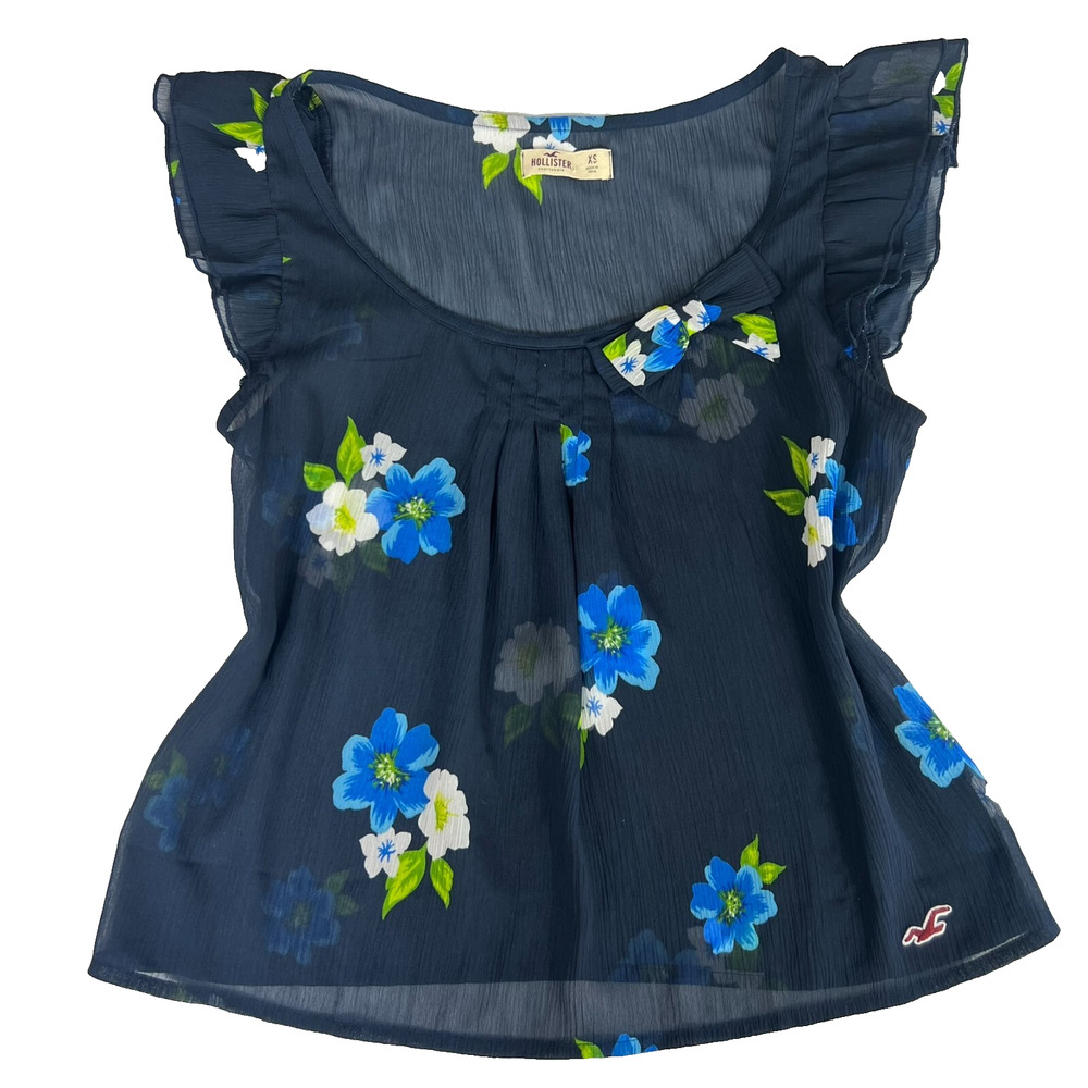 Hollister Blouse Top Women's Size XS Sheer Blue Floral Bow Lined